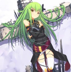 Rule 34 | 1girl, barbed wire, bdsm, bondage, bound, c.c., code geass, cross, detached sleeves, green hair, highres, long hair, resized, solo, thighhighs, tied up (nonsexual), uni (plastic girl), upscaled, yellow eyes