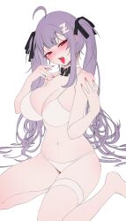Rule 34 | 1girl, absurdres, ahoge, black bow, black bowtie, black ribbon, blush, bow, bowtie, breasts, choker, cleavage, collarbone, eyes visible through hair, fangs, feet out of frame, fingernails, hair ornament, hair ribbon, hands up, heart, highres, large breasts, letter hair ornament, long hair, looking at viewer, mole, mole under eye, navel, nose blush, open mouth, original, purple hair, red eyes, ribbon, saliva, simple background, sitting, solo, teeth, thigh strap, tongue, tongue out, traditional bowtie, twintails, upper teeth only, white background, white choker, zerocat