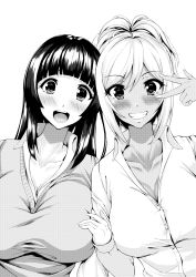 Rule 34 | 2girls, :d, arm at side, black hair, blunt bangs, blush, breasts, cardigan, cleavage, collarbone, collared shirt, commentary request, dress shirt, eyelashes, fingernails, greyscale, grin, gyaru, hair between eyes, hand up, heads together, heart, heart-shaped pupils, highres, huge breasts, kogal, large breasts, long fingernails, long hair, long sleeves, looking at viewer, makeup, monochrome, multiple girls, no bra, open mouth, ponytail, school uniform, shirt, smile, standing, straight hair, symbol-shaped pupils, tama (tamakaka1031), teeth, upper body, upper teeth only, v, v over eye