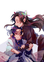 Rule 34 | 2girls, absurdres, black jacket, brown hair, butterfly hair ornament, chinese commentary, closed mouth, commentary request, closed eyes, gakuran, hair ornament, hand on another&#039;s arm, haori, highres, hug, jacket, japanese clothes, kimetsu no yaiba, kochou kanae, kochou shinobu, long hair, long sleeves, mogutofuoes, multiple girls, one eye covered, open mouth, profile, purple eyes, purple hair, school uniform, simple background, white background
