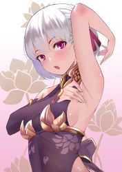 Rule 34 | 1girl, :o, arm across chest, arm up, armpits, back bow, bare shoulders, blush, bow, breasts, detached sleeves, fate/grand order, fate (series), floral background, glint, gradient background, hair ribbon, highres, kama (fate), kama (first ascension) (fate), long sleeves, looking at viewer, nonh (wormoftank), pink background, pink eyes, pink ribbon, presenting armpit, purple bow, ribbon, short hair, sideboob, silver hair, small breasts, solo, underbust, upper body