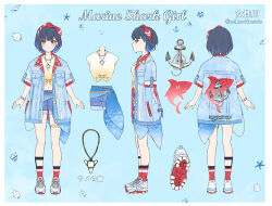 Rule 34 | 1girl, anchor, anchor print, black hair, blue hair, bracelet, breast pocket, buttons, closed mouth, coat, commentary request, denim, denim shorts, fish, from behind, from side, full body, hairband, highres, jewelry, looking at viewer, marine shark girl (project sekai), midriff, multiple views, navel, necklace, nei (aduma1120ponpon), open clothes, open coat, pocket, project sekai, shark, shell, shiraishi an, short hair, short sleeves, shorts, smile, socks, standing, translation request, turnaround, twitter username, yellow eyes