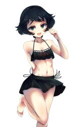 Rule 34 | 1girl, :d, absurdres, arms behind back, bare shoulders, barefoot, bikini, bikini skirt, black bikini, black hair, blush, bob cut, bow, bow bikini, breasts, cleavage, collarbone, commentary, eyelashes, finger to cheek, foot out of frame, foot up, frilled bikini, frills, girls und panzer, green eyes, halterneck, hand up, highres, light blush, looking at viewer, midriff, navel, open mouth, raised eyebrows, red bow, red ribbon, ribbon, sattinittas, short hair, side-tie bikini bottom, simple background, small breasts, smile, solo, standing, standing on one leg, swimsuit, teeth, thick eyebrows, toes, upper teeth only, utsugi yuuki, white background