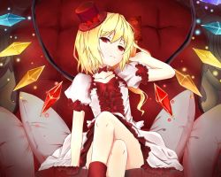 Rule 34 | 1girl, absurdres, artist request, bad id, bad pixiv id, blonde hair, bow, collarbone, crossed legs, derivative work, dress, flandre scarlet, hair between eyes, hair bow, hand in own hair, hat, hat bow, highres, looking at viewer, on chair, pillow, red eyes, short hair, sitting, solo, top hat, touhou, wings