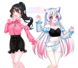 Rule 34 | 2girls, :d, ;d, animal ear fluff, animal ears, bad id, bad pixiv id, bare shoulders, black camisole, black hair, black skirt, blue shirt, blush, breasts, camisole, clothing cutout, collarbone, collared shirt, commission, copyright request, dress shirt, frilled skirt, frills, gradient hair, green eyes, hair ornament, hand up, high ponytail, long hair, long sleeves, mamel 27, medium breasts, midriff, multicolored hair, multiple girls, navel, off-shoulder shirt, off shoulder, one eye closed, open mouth, pink hair, pink shirt, ponytail, puffy long sleeves, puffy sleeves, red eyes, see-through, shirt, short shorts, shorts, shoulder cutout, simple background, skirt, sleeves past wrists, smile, very long hair, watermark, white background, white hair, white shorts