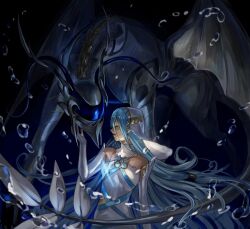 Rule 34 | 1girl, 1other, abinosu0903, all fours, azura (fire emblem), blue hair, closed eyes, corrin (dragon) (fire emblem), corrin (fire emblem), dragon, dress, fire emblem, fire emblem fates, hand on another&#039;s chin, jewelry, long hair, nintendo, pendant, very long hair, water, water drop, white dress, wings