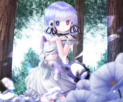 Rule 34 | #compass, 10s, 1girl, blue eyes, character request, commentary request, coquelicot blanche, day, dress, flower, hair flower, hair ornament, hair ribbon, heterochromia, highres, kakutasu (akihiron cactus), looking at viewer, nature, outdoors, purple eyes, ribbon, silver hair, solo, stuffed animal, stuffed rabbit, stuffed toy, tree, white dress