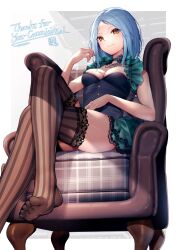 Rule 34 | 1girl, bare shoulders, black flower, black rose, blue dress, blue hair, breasts, brown thighhighs, choker, commission, couch, crossed legs, detached collar, dress, flower, frilled dress, frills, full body, highres, jewelry, kep (ahokep), light blue hair, looking at viewer, medium breasts, medium hair, on couch, original, ring, rose, simple background, sitting, sleeveless, sleeveless dress, smile, solo, striped clothes, striped thighhighs, thighhighs, vertical-striped clothes, vertical-striped thighhighs, yellow eyes