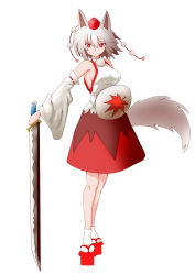 Rule 34 | 1girl, animal ears, bare shoulders, black2929, breasts, detached sleeves, full body, geta, hat, highres, inubashiri momiji, looking at viewer, pom pom (clothes), red eyes, shield, short hair, sideboob, silver hair, simple background, solo, sword, tail, tokin hat, touhou, weapon, white background, wolf ears, wolf tail