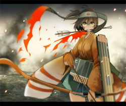 Rule 34 | 10s, 1girl, arrow (projectile), asymmetrical hair, blurry, bow (weapon), brown hair, hachimaki, headband, hiryuu (kancolle), hiryuu kai ni (kancolle), holding, japanese clothes, kantai collection, one side up, short hair, side ponytail, sketch, smoke, solo, tansuke, weapon, yellow eyes