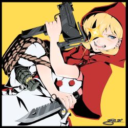 Rule 34 | 1girl, artist name, basket, blonde hair, blue eyes, bulleta, commentary, english commentary, explosive, glint, grenade, gun, highres, holding, holding basket, holding gun, holding knife, holding weapon, hood, hood up, its just suppi, knife, open mouth, red hood, short hair, signature, simple background, solo, submachine gun, teeth, upper body, vampire (game), weapon, yellow background