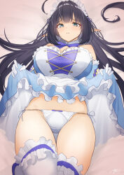 Rule 34 | 1girl, apron, ayuman, black hair, blue bow, blue dress, blush, bow, bow panties, breasts, cleavage, clothes lift, commentary request, commission, cowboy shot, dress, dress lift, frilled apron, frilled dress, frilled thighhighs, frills, gloves, green eyes, highres, huge breasts, king&#039;s raid, lifted by self, long hair, looking at viewer, lying, maid, maid headdress, mirianne (king&#039;s raid), on back, panties, parted lips, pointy ears, raised eyebrows, side-tie panties, skeb commission, solo, thigh gap, thighhighs, underwear, white apron, white gloves, white panties, white thighhighs