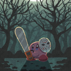 Rule 34 | bare tree, chainsaw, commentary request, hockey mask, holding, holding chainsaw, kirby, kirby (series), mask, miclot, moon, night, nintendo, no humans, outdoors, shadow, solo, tree
