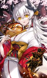 Rule 34 | 1girl, cherry blossoms, commentary request, dragon horns, fate/grand order, fate (series), floral print, folding fan, hand fan, highres, horns, japanese clothes, kimono, kiyohime (fate), kiyohime (third ascension) (fate), long hair, long sleeves, looking at viewer, morizono shiki, nail polish, parted lips, petals, red nails, smile, solo, white hair, white kimono, wide sleeves, yellow eyes