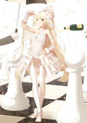 Rule 34 | 1girl, ahira yuzu, blonde hair, breasts, brown eyes, checkered floor, chess piece, chessboard, cleavage, detached sleeves, full body, garter straps, gloves, hair ornament, hand on own hip, highres, holding, holding umbrella, leotard, long hair, medium breasts, original, pawn (chess), solo, standing, thighhighs, umbrella, white gloves, white leotard, white thighhighs