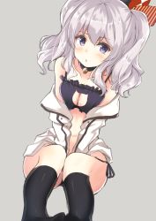 Rule 34 | 10s, 1girl, :t, bare shoulders, bell, black socks, blush, breasts squeezed together, breasts, cat lingerie, cleavage, cleavage cutout, clothing cutout, grey background, grey eyes, jingle bell, kantai collection, kashima (kancolle), kneehighs, large breasts, long hair, looking at viewer, meme attire, military, military uniform, mitsuki yuu, off shoulder, panties, pout, side-tie panties, sidelocks, silver hair, simple background, sitting, socks, solo, tsurime, twintails, underwear, uniform, wavy hair