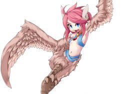 Rule 34 | 1girl, attack, bird legs, blue eyes, blush, breasts, brown feathers, brown wings, choker, earrings, feather hair, feathered wings, feathers, frfr, game cg, harpy, jewelry, looking at viewer, mon-musu quest!, monster girl, multicolored hair, navel, non-web source, open mouth, pendant choker, pink hair, reina (mon-musu quest!), short hair with long locks, sidelocks, small breasts, solo, talons, teeth, transparent background, upper teeth only, winged arms, wings