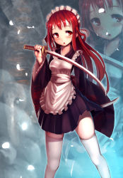 Rule 34 | 1girl, :o, abyss05, apron, blush, dual wielding, female focus, frills, highres, holding, japanese clothes, katana, kimono, kimono skirt, long hair, looking away, maid, maid apron, maid headdress, open mouth, original, petals, red eyes, red hair, sai (abyss05), skindentation, solo, sword, thighhighs, wa maid, weapon, white thighhighs, zettai ryouiki, zoom layer