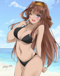 Rule 34 | 1girl, ahoge, alternate costume, beach, blue sky, breasts, brown hair, cleavage, cloud, cowboy shot, day, double bun, gakky, gold hairband, hair bun, hairband, horizon, kantai collection, kongou (kancolle), large breasts, long hair, looking at viewer, ocean, one-hour drawing challenge, one eye closed, outdoors, purple eyes, sky, solo, standing