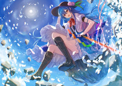 Rule 34 | 1girl, :d, absurdres, black footwear, black headwear, blue hair, blue skirt, boots, cross-laced footwear, floating rock, food, fruit, full body, highres, hinanawi tenshi, hitomin (ksws7544), holding, holding sword, holding weapon, long hair, looking at viewer, open mouth, peach, red eyes, short sleeves, skirt, smile, solo, sword, sword of hisou, touhou, weapon