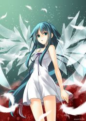 Rule 34 | 1girl, blue hair, collarbone, dress, feathers, floating hair, green eyes, highres, long hair, looking at viewer, neck ribbon, open mouth, purple ribbon, ribbon, sato-pon, saya (saya no uta), saya no uta, short dress, sleeveless, sleeveless dress, solo, standing, thigh gap, twitter username, very long hair, white dress, white feathers, white wings, wings
