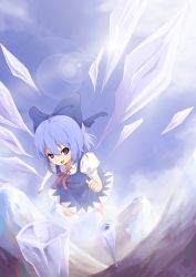 Rule 34 | 1girl, bad id, bad pixiv id, blue eyes, blue hair, bow, cirno, hair bow, ice, lens flare, matching hair/eyes, mountain, open mouth, perspective, phantasmagoria of flower view, short hair, smile, solo, standing, standing on one leg, touhou, wings, zhao shuwen