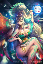 Rule 34 | 10s, 1girl, 2015, bare legs, bare shoulders, big hair, bird, blunt bangs, breasts, cleavage, colorful, crossed legs, feathers, female focus, full moon, gender request, genderswap, hand fan, highres, large breasts, long hair, moon, night, official art, original, red eyes, romance of the three kingdoms, sangokushi ranbu, silver hair, sitting, smile, solo, square enix, tajima yukie, tattoo, thighs, very long hair, zhuge liang