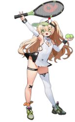 Rule 34 | 1girl, ;d, ankle scrunchie, arm up, armpits, asymmetrical legwear, azur lane, bache (azur lane), bache (showy sports star) (azur lane), ball, bare shoulders, black choker, blonde hair, breasts, choker, cleavage, detached sleeves, green-tinted eyewear, green-tinted glasses, highres, long hair, looking at viewer, mismatched legwear, official alternate costume, official art, one eye closed, open mouth, polo shirt, purple eyes, racket, scrunchie, single thighhigh, skindentation, smile, solo, sportswear, sunglasses, tennis, tennis ball, tennis racket, tennis uniform, thigh strap, thighhighs, tinted eyewear, transparent background, twintails, two side up, uneven legwear, very long hair, visor cap, waterkuma, white thighhighs