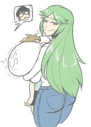 Rule 34 | 1boy, 2girls, bayonetta, bayonetta (series), between breasts, blush, breast expansion, breast smother, breasts, casual, denim, face to breasts, green eyes, green hair, huge breasts, jeans, kid icarus, long hair, multiple girls, nintendo, palutena, pants, pit (kid icarus), planet of junk, shirt, smile, thought bubble