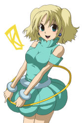 Rule 34 | 1girl, :d, bare shoulders, blonde hair, bracelet, breasts, bubble skirt, earrings, green eyes, green skirt, jewelry, large breasts, looking at viewer, open mouth, simple background, skirt, smile, solo, sweater vest, umishima senbon, white background