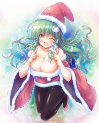 Rule 34 | 1girl, ;d, alternate costume, bare shoulders, black pantyhose, blush, breasts, cleavage, collarbone, commentary request, detached sleeves, floating hair, frog hair ornament, full body, fur-trimmed sleeves, fur trim, green hair, hair between eyes, hair ornament, hat, highres, kochiya sanae, large breasts, long hair, multicolored background, one eye closed, open mouth, osashin (osada), pantyhose, pointing, pointing at self, red footwear, red hat, santa costume, santa hat, shiny clothes, shoes, smile, snake hair ornament, solo, star (symbol), starry background, sweatdrop, touhou, very long hair, wide sleeves, yellow eyes