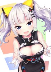 Rule 34 | 1girl, :d, blue eyes, breasts, cleavage, cleavage cutout, clothing cutout, hair ornament, highres, kaguya luna, large breasts, looking at viewer, mk82 (hoonsyh), multicolored background, obi, open mouth, ribbon, sash, short hair, silver hair, sleeveless, smile, solo, the moon studio, twintails, virtual youtuber, white ribbon, wrist ribbon, x hair ornament