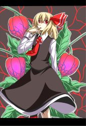 Rule 34 | 1girl, bad id, bad pixiv id, blonde hair, chinese lantern (plant), embodiment of scarlet devil, female focus, finger to mouth, hair ribbon, letterboxed, mendou saya, necktie, red eyes, red necktie, ribbon, rumia, short hair, solo, touhou