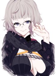 Rule 34 | 1girl, absurdres, adjusting eyewear, black-framed eyewear, black dress, black jacket, blunt bangs, breasts, chip le cree, cleavage, closed mouth, commentary, cropped jacket, dress, fate/grand order, fate (series), glasses, grey hair, highres, hood, hood down, hooded jacket, jacket, jacques de molay (foreigner) (fate), large breasts, lips, long sleeves, looking at viewer, open clothes, open jacket, pale skin, purple eyes, short hair, shrug (clothing), simple background, smile, solo, upper body, white background
