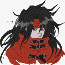 Rule 34 | 1boy, bandana, belt buckle, black hair, buckle, cape, commentary, cropped shoulders, dated, dirge of cerberus final fantasy vii, expressionless, final fantasy, final fantasy vii, grey background, high collar, long hair, male focus, mtr dayoo, red bandana, red cape, red eyes, simple background, solo, upper body, vincent valentine