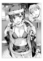 Rule 34 | 1boy, 1girl, blush, bob cut, breasts, christmas, commentary, doorway, earrings, fur-trimmed skirt, fur collar, fur trim, greyscale, halterneck, hat, highres, jacket, jewelry, large breasts, looking at viewer, merry christmas, microskirt, monochrome, nagayori, navel, night, open clothes, open jacket, open mouth, opened by self, opening door, original, outdoors, pov, pov doorway, santa hat, short hair, skirt, smile, standing, stud earrings, thighhighs, translated, very short hair