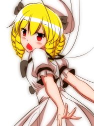 Rule 34 | 1girl, blonde hair, blush, bow, chestnut mouth, drill hair, fairy wings, hair bow, honda takaharu, luna child, open mouth, red eyes, solo, touhou, white background, wings