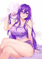 Rule 34 | 1girl, animal print, babydoll, bare arms, bare legs, bare shoulders, bed sheet, breasts, butterfly print, casual, collarbone, commentary, crossed legs, doki doki literature club, earrings, english commentary, floral background, flower, hand in own hair, highres, hoop earrings, jewelry, large breasts, light smile, lily (flower), long hair, name connection, object namesake, potetos7, print babydoll, purple eyes, purple hair, short shorts, shorts, sitting, solo, spaghetti strap, strap slip, very long hair, watermark, yuri (doki doki literature club)