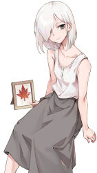 Rule 34 | 1girl, bare arms, bare shoulders, closed mouth, collarbone, grey eyes, grey skirt, hair over one eye, highres, leaf, looking at viewer, maple leaf, one eye covered, oopartz yang, original, portrait (object), shirt, short hair, simple background, skirt, sleeveless, sleeveless shirt, smile, solo, white background, white hair, white shirt