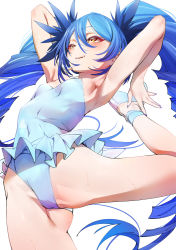 Rule 34 | armpits, arms up, athletic leotard, ballet slippers, blue hair, bombergirl, breasts, covered navel, drill hair, hesoten, highres, leotard, lewisia aquablue, nail polish, small breasts, solo, sweat, twintails, yellow eyes