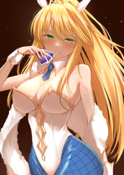 Rule 34 | 1girl, artoria pendragon (all), artoria pendragon (fate), artoria pendragon (swimsuit ruler) (fate), bare shoulders, black background, blonde hair, blue pantyhose, blush, breasts, card, cleavage, closed mouth, detached collar, fate/grand order, fate (series), green eyes, highres, holding, holding card, large breasts, long hair, looking at viewer, pantyhose, simple background, smile, solo, yoshimoto (carpsukidayo)
