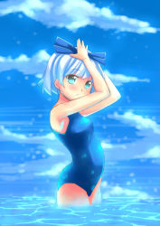Rule 34 | 1girl, blue sky, blue one-piece swimsuit, cloud, day, hair ribbon, hairband, highres, ikuya@, konpaku youmu, ocean, one-piece swimsuit, ribbon, short hair, silver hair, sky, solo, swimsuit, touhou, water