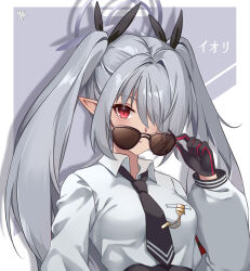 Rule 34 | 1girl, black necktie, blue archive, breast pocket, breasts, character name, collared shirt, grey background, grey hair, hair over one eye, highres, iori (blue archive), long hair, looking at viewer, looking over eyewear, momosawa nao, necktie, one eye covered, pocket, shirt, simple background, small breasts, smile, solo, sunglasses, twintails, upper body, white shirt