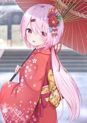 Rule 34 | 1girl, :d, absurdres, blurry, blurry background, blush, commentary request, depth of field, floral print, flower, hair between eyes, hair flower, hair ornament, hair ribbon, hairclip, highres, holding, holding umbrella, japanese clothes, kimono, long hair, long sleeves, looking at viewer, looking to the side, low ponytail, nijisanji, obi, oil-paper umbrella, open mouth, pink hair, ponytail, print kimono, racchi., red eyes, red flower, red kimono, red ribbon, red umbrella, ribbon, sash, shiina yuika, sleeves past wrists, smile, solo, umbrella, very long hair, virtual youtuber, wide sleeves