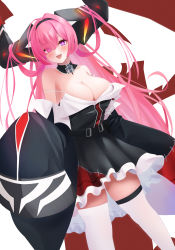 Rule 34 | 1girl, absurdres, azur lane, bare shoulders, belt, black dress, black horns, breasts, cleavage, cross, detached collar, dress, dutch angle, elegant (sumisumi4268), fangs, hair on horn, hair over one eye, highres, horns, huge horns, iron cross, large breasts, long hair, long horns, long sleeves, looking at viewer, mechanical horns, open mouth, pink hair, prinz rupprecht (azur lane), purple eyes, sleeves past fingers, sleeves past wrists, solo, thigh belt, thigh strap, thighhighs, thighs, white thighhighs