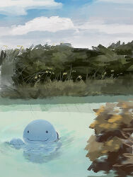 Rule 34 | closed mouth, cloud, commentary request, creatures (company), day, game freak, gen 2 pokemon, highres, nintendo, no humans, outdoors, pokemon, pokemon (creature), quagsire, reflection, ripples, sky, smile, solo, swimming, water, yj0i0