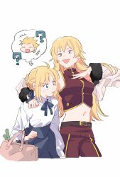 2girls ? ahoge arm_around_neck artoria_pendragon_(fate) bag blonde_hair blue_eyes breasts commentary_request cropped_jacket cropped_vest duck11_rp earrings fate/stay_night fate_(series) genderswap genderswap_(mtf) gilgamesh_(fate) height_difference highres holding holding_bag jacket jewelry long_hair medium_breasts midriff multiple_girls red_eyes saber_(fate) speech_bubble spring_onion stud_earrings thought_bubble vest white_jacket