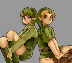 Rule 34 | 1boy, 1girl, back-to-back, blonde hair, blue eyes, boots, green footwear, green hair, grey background, hairband, hat, indian style, kokiri, link, neaze, nintendo, pointy ears, ribbed sweater, saria (zelda), short hair, shorts, sitting, smile, sweater, the legend of zelda, the legend of zelda: ocarina of time, tunic, turtleneck, young link