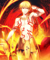 Rule 34 | 1boy, blonde hair, bloom, chain, ea (fate/stay night), enkidu (weapon) (fate), fate/hollow ataraxia, fate (series), fire, gilgamesh (fate), jewelry, kuroemon, male focus, necklace, red eyes, topless male, solo, tattoo, weapon