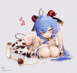 Rule 34 | 1girl, ahoge, animal ears, animal print, bangs, bare shoulders, bell, blue hair, blush, bottle, bottomless, bra, breasts, cleavage, commentary request, cow ears, cow print, cow tail, ear piercing, elbow gloves, eyebrows visible through hair, fang, ganyu (genshin impact), genshin impact, gloves, goat horns, hand on own chest, hand up, heart, heart-shaped pupils, holding, holding hair, horns, l ract, large breasts, long hair, looking at viewer, lying, milk, milk bottle, neck bell, piercing, print bra, print gloves, print legwear, sidelocks, skin fang, solo, spill, spilled milk, symbol-shaped pupils, tail, thighhighs, underwear, yellow eyes